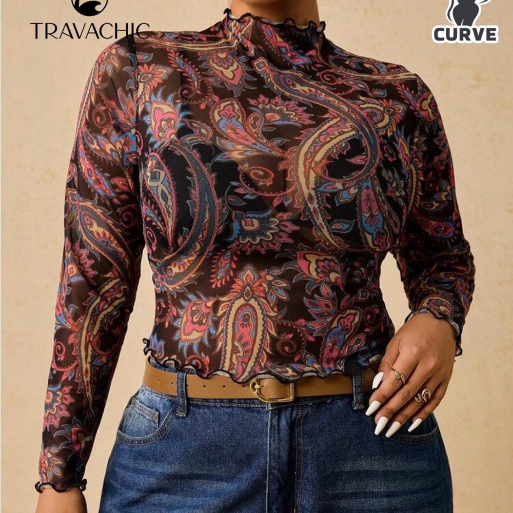 SHEIN Paisley Print Mesh Blouse - Multicolor
